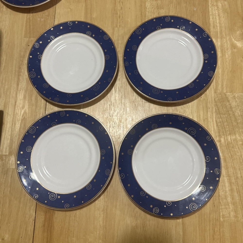 Set of 4 Sakura Hallmark Star Light Christmas Saucers Cobalt Blue/Gold Trim
